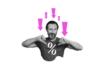 Composite photo collage of dissatisfied man show dislike percent arrow devaluation inflation problem isolated on painted background