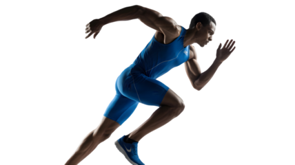 Male athlete running forward, isolated on transparent background