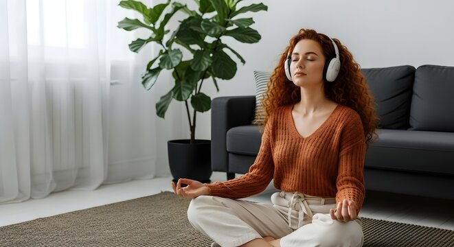 Serene Young Woman Meditating Outdoors in Nature, Peaceful Mindfulness