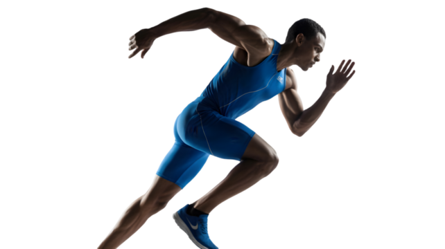 Male athlete running forward, isolated on transparent background
