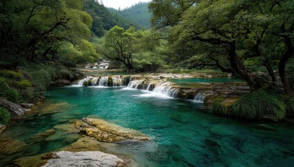 Fototapeta premium Tranquil mountain stream with turquoise pools. Lush greenery surrounds cascading waterfalls
