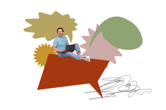 Composite trend artwork sketch image photo collage of speech cloud chatting message sms social media aged man sit bulb work laptop remote