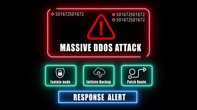 massive dodos attack  response notification on digital interface in data center server room with isolate node initiate backup patch route options. glowing neon lights cybersecurity hacking Warning