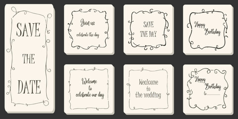 Elegant vintage wedding invitation cards with decorative frames and handwritten typography. Classic save the date design for special events and celebrations. Stylish retro template for greeting or ann