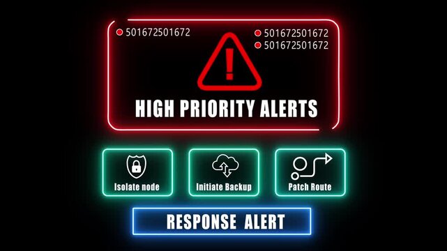 high priority alerts response notification on digital interface in data center server room with isolate node initiate backup patch route options. glowing neon lights cybersecurity hacking Warning