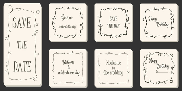 Elegant vintage wedding invitation cards with decorative frames and handwritten typography. Classic save the date design for special events and celebrations. Stylish retro template for greeting or ann