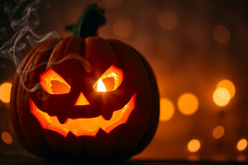 A carved pumpkin with a menacing face glows brightly against a dark background filled with warm, bokeh lights. Smoke gently rises, creating a spooky Halloween atmosphere