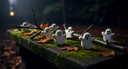 Ghost shaped cookies on mossy surface with leaves and twigs in a dark halloween setting outdoors ai generated