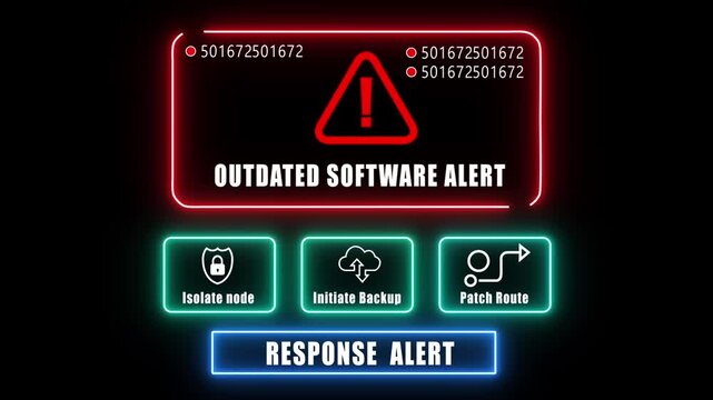 outdated software alert  response notification on digital interface in data center server room with isolate node initiate backup patch route options. glowing neon lights cybersecurity hacking Warning
