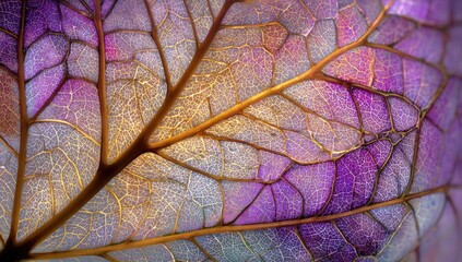 Close-up of a leaf's intricate veins, vibrant purple and gold