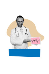 Vertical collage image mature man doctor tablet device screen diagram medical check heart beat stethoscope examination consultation