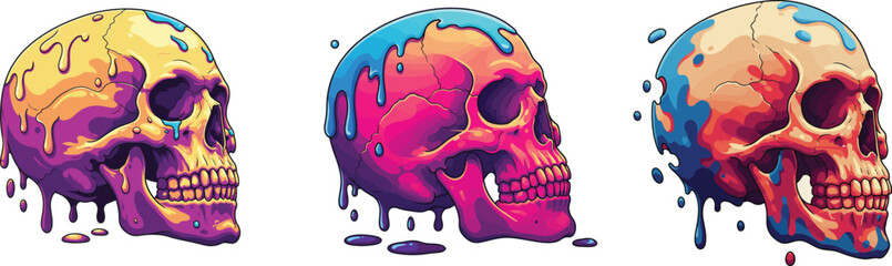 Surreal melting skull side profile with dripping liquid forms, colorful and vibrant fantasy vector illustration