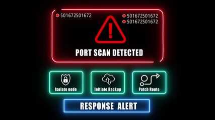 port scan detected response notification on digital interface in data center server room with isolate node initiate backup patch route options. glowing neon lights cybersecurity hacking Warning - Powered by Adobe