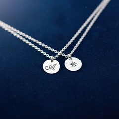 Delicate silver initial necklaces featuring personalized pendants, set against a textured blue fabric backdrop, emphasizing minimalist elegance and intimate gifts.