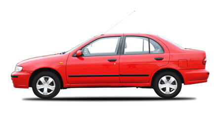 Red sedan car side view on white background.