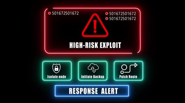 high-risk exploit response notification on digital interface in data center server room with isolate node initiate backup patch route options. glowing neon lights cybersecurity hacking Warning