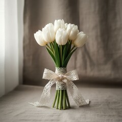 Elegant close-up of a white tulip bouquet with a vintage lace ribbon, showcasing simplicity, love, and thoughtful gifts, evoking purity and wedding.