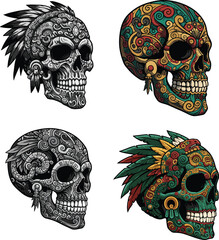 Aztec inspired ornamental skull side illustration with bold tribal patterns, cultural decorative vector artwork