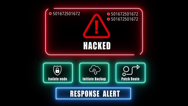 Haked response notification on digital interface in data center server room with isolate node initiate backup patch route options. glowing neon lights cybersecurity hacking Warning