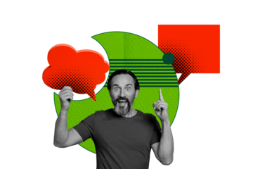 Photo picture collage shocked man reply message textbox idea find solution finger gesture showing smart think excited laughter bubble