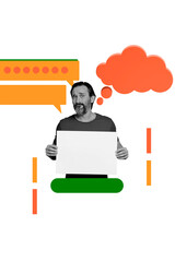 Vertical collage picture senior man placard empty space activist protester textbox communication speech drawing background