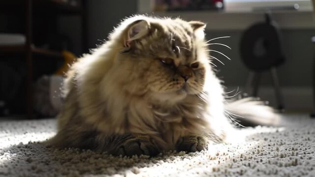 A fluffy, long-haired Persian cat with a grumpy expression sits basking in a bright sunbeam on a carpeted floor indoors.