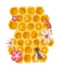 Bee with honeycomb and flowers in flat style with noise texture