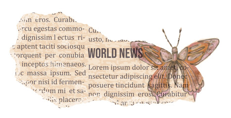 Torn old newspaper with text and watercolor drawn butterfly. Vintage rip paper