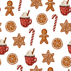 Christmas seamless pattern with cup of cappuccino, gingerbread and cane candy