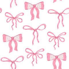 Seamless pattern with coquette pink bow with ribbon in flat style