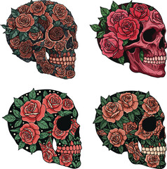 Elegant floral skull side view decorated with blooming roses and leaves, tattoo-inspired decorative vector artwork