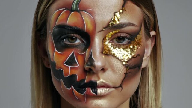 Retrato fotorrealista de una mujer joven rubia con maquillaje de Halloween