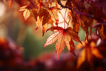 Autumn maple leaves in warm light create a beautiful and serene natural scene.