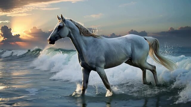 Un majestuoso caballo blanco galopando poderosamente entre las olas rompientes al anochecer