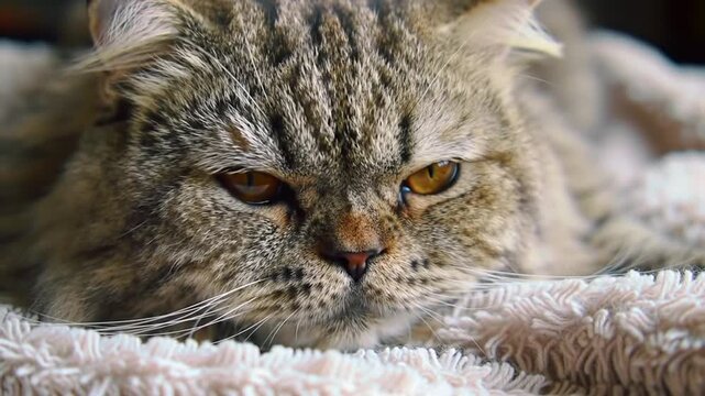 A close-up portrait of a fluffy, long-haired tabby cat with a grumpy expression resting on a soft, plush blanket.