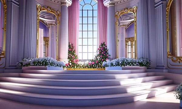 Elegant Grand Interior with Ornate Columns and Floral Decorations Bathed in Soft Sunlight