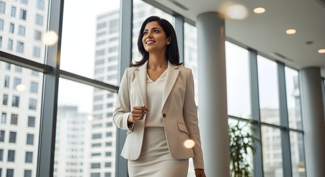 South Asian Woman Entrepreneur Working Remotely on Laptop in Modern Office - Powered by Adobe