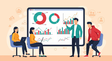 Vector illustration of business meeting with charts and graphs on a large screen, people collaborating and presenting data