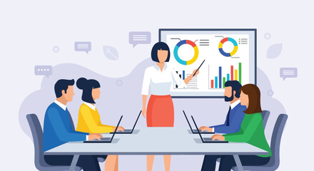 Vector illustration of business meeting in a modern office with a presenter explaining charts and graphs to colleagues with laptops