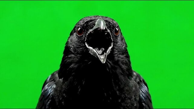 A crow cawing loudly, isolated on a green screen background.