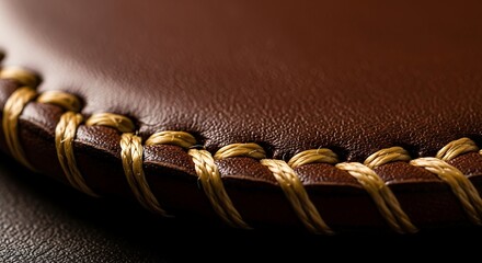 Close-up of rich brown leather with hand-stitched braided golden thread detail, highlighting intricate craftsmanship and textured surface.