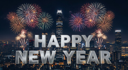 Happy ney year 2026  happy new year celebration with fireworks over city skyline at night for festive holiday background