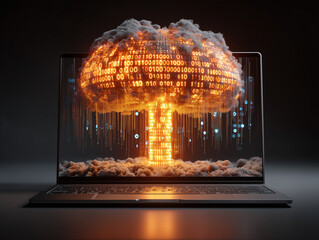 Laptop displaying exploding binary code mushroom cloud abstract concept