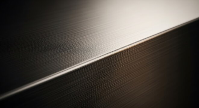 Abstract dark brushed metal texture with diagonal light reflection. Detailed background of metallic surface showing horizontal lines and gradient highlight for design.