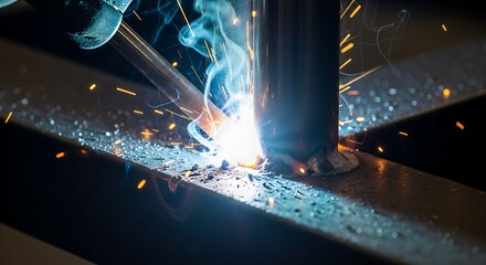 Close-up of industrial welding process with bright blue light, flying sparks, and smoke joining metal parts