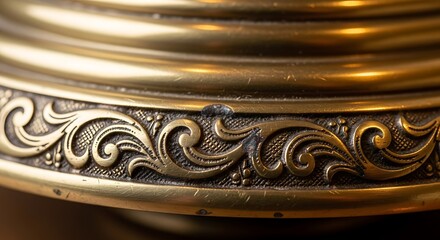 Close-up of ornate antique brass metal with decorative intricate pattern and reflective surface