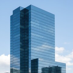 Obraz premium Modern architecture featuring a sleek glass skyscraper rising against a vibrant blue sky on a bright day, showcasing innovation and urban business district development.