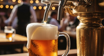 Man hand holding glass mug and pouring fresh golden beer from tap in bar for celebration or happy hour.