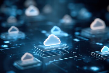 Digital clouds and interface icons create a vibrant abstract layout over blue background