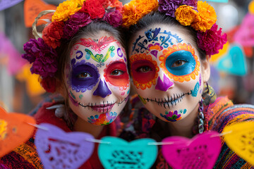 Two joyful souls celebrate Dia de los Muertos, embodying love and remembrance in vivid colors.